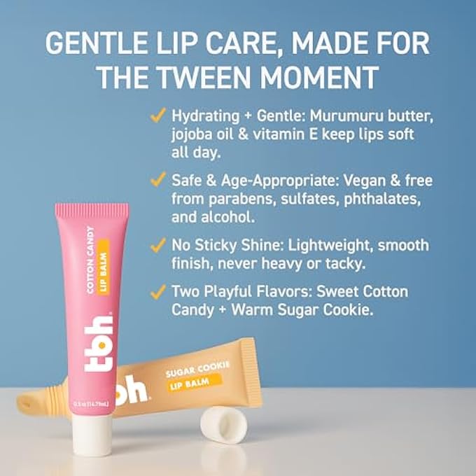 tbh KIDS LIP BUTTER BALM FOR KIDS | VEGAN TINTED LIP BALM & LIP GLOSS FOR GIRLS | SAFE, HYDRATING, NATURAL TWEEN LIP CARE - COTTON CANDY & SUGAR COOKIE FLAVORS - Image 3